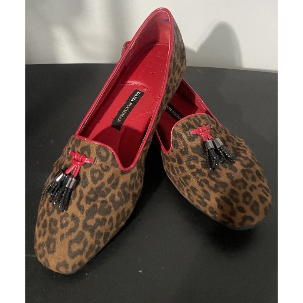 Dana Buchman Leopard Print Red Slip On Flats Beaded Tassels Size 10